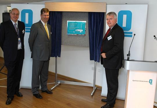 Left to right: Managing Director Stephen Lewinton and Chairman and Chief Executive Paul Cowan open the new laboratories with First Minister of Wales Carwyn Jones